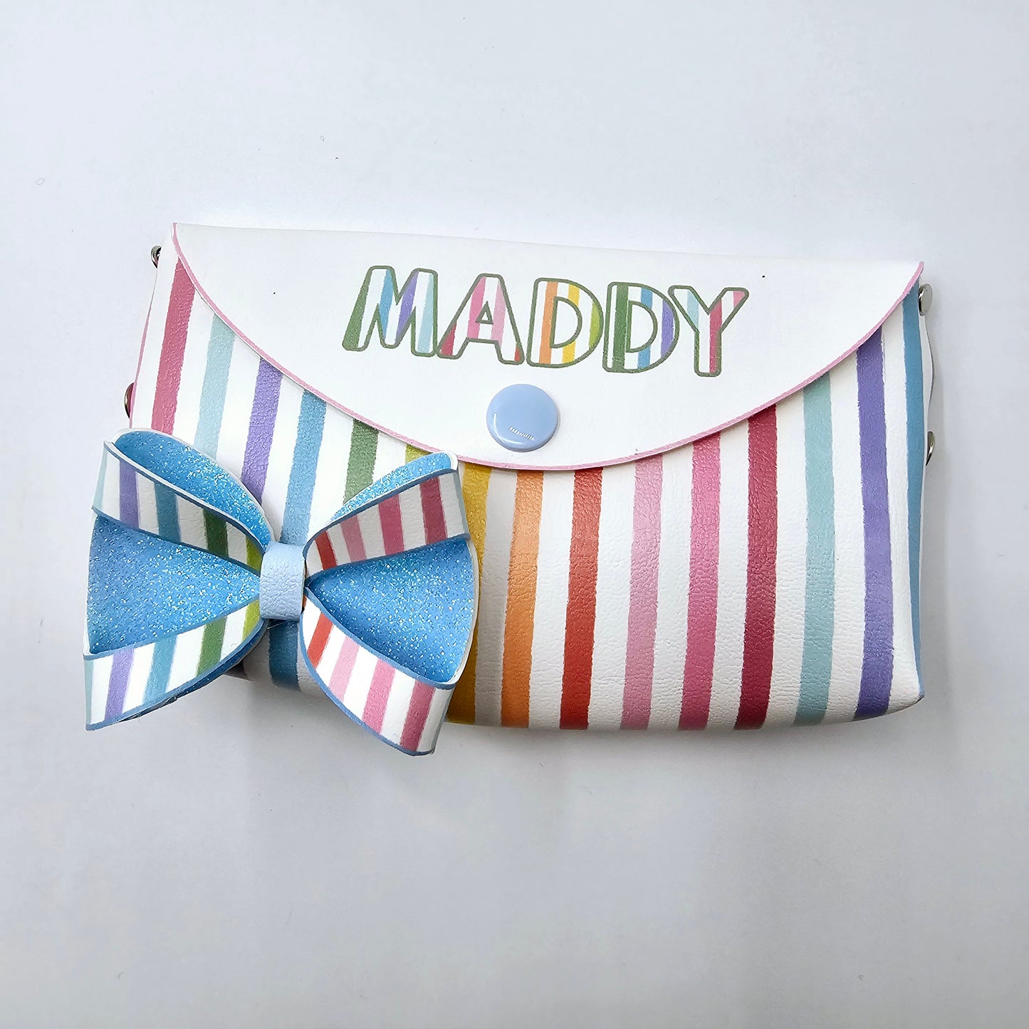 Double Sided Multi Colour Stripes Backed with Pale Blue Glitter Bow Loops