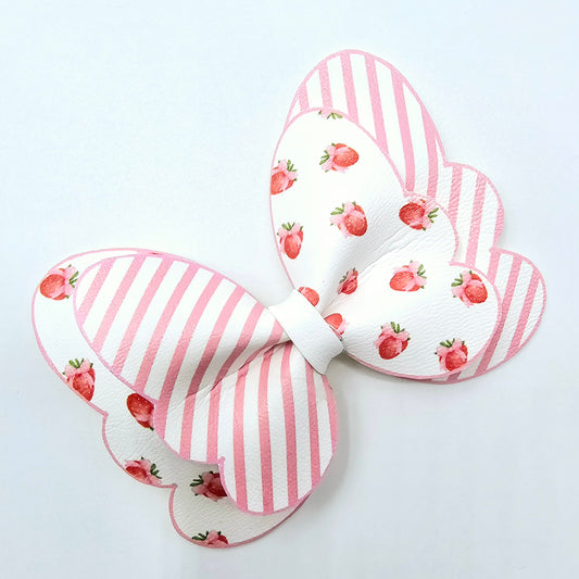 Strawberries and Pink Stripe Double Layered Butterfly Pinch Bows - 2 size combinations