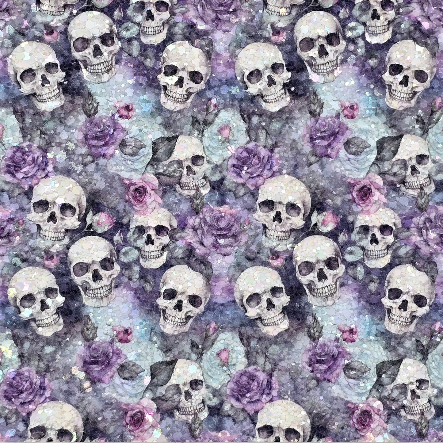 Skulls on Blue & Lilac Flowers Chunky Glitter