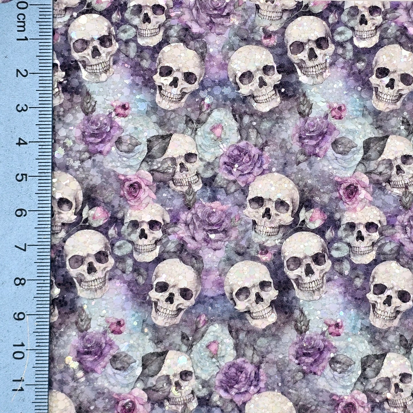 Skulls on Blue & Lilac Flowers Chunky Glitter