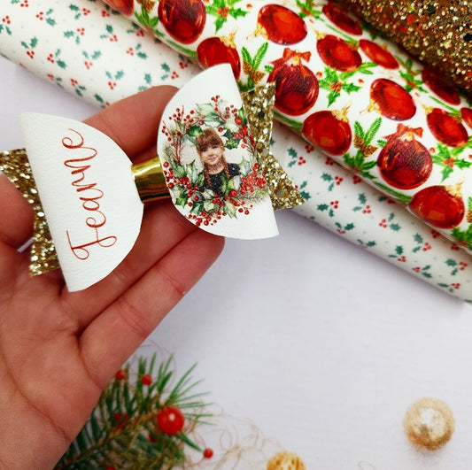 Personalised Holly Photo Bow Loops | Printed Leatherette Bow Loops